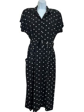 Katie Vintage 80s Black Polka Dot Shirt Dress Belted M Retro Pin-up